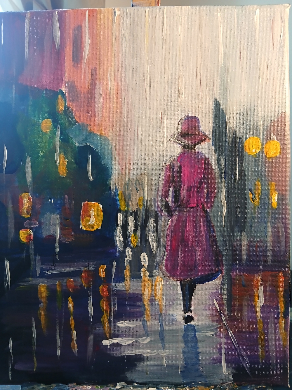 Abstract City Rainwalk Canvas Art - Pink Coat